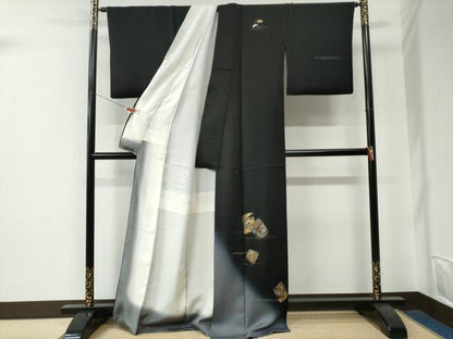 平和屋着物●訪問着　竹屋町刺繍　霞色紙枝花文　暈し染め　黒地　金彩　正絹　逸品　CABE2941yc