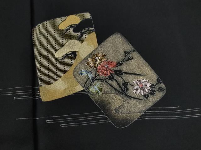 平和屋着物●訪問着　竹屋町刺繍　霞色紙枝花文　暈し染め　黒地　金彩　正絹　逸品　CABE2941yc