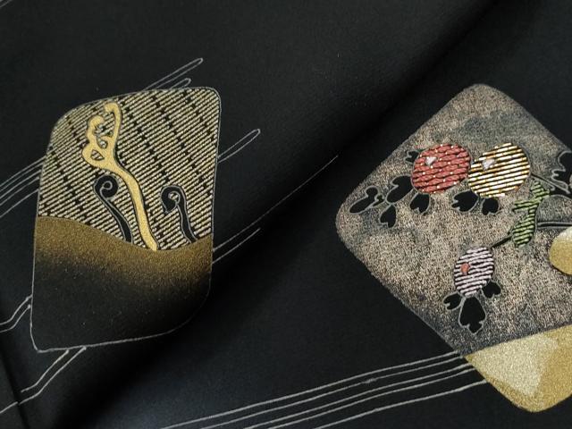 平和屋着物●訪問着　竹屋町刺繍　霞色紙枝花文　暈し染め　黒地　金彩　正絹　逸品　CABE2941yc