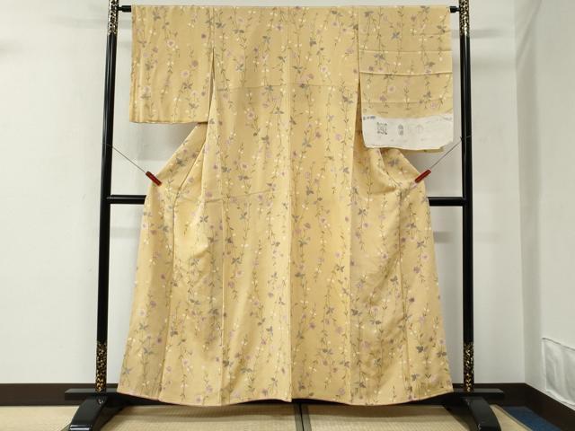 平和屋着物●上質な小紋　枝花文　金彩　鬼しぼ縮緬　反端付き　正絹　逸品　CABE2944yc