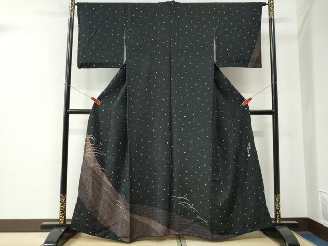 平和屋着物●伝統工芸士　染谷梅治　訪問着　芝草吉祥文　黒地　金彩　さが美扱い　正絹　逸品　CABE2946yc