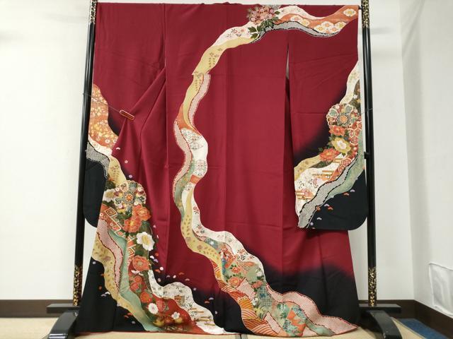 平和屋着物●豪華振袖　駒刺繍　道長吉祥舞花文　暈し染め　金彩　正絹　逸品　CABE2947yc