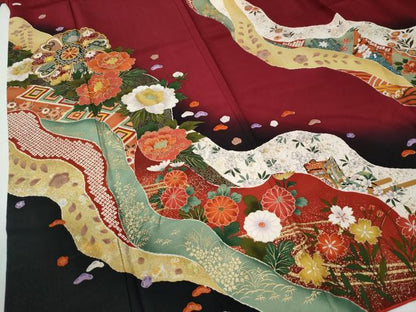 平和屋着物●豪華振袖　駒刺繍　道長吉祥舞花文　暈し染め　金彩　正絹　逸品　CABE2947yc