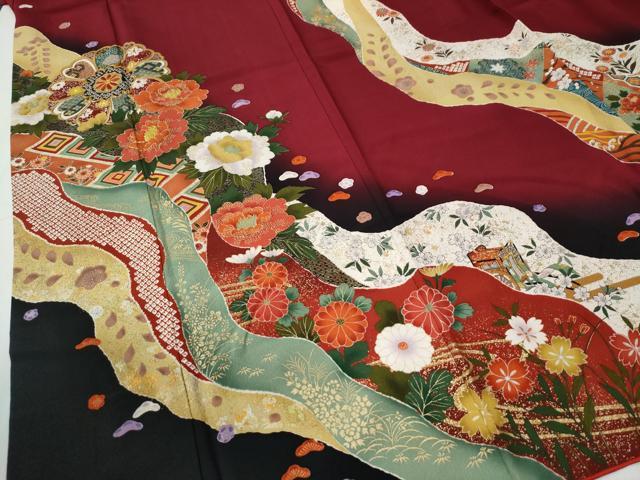 平和屋着物●豪華振袖　駒刺繍　道長吉祥舞花文　暈し染め　金彩　正絹　逸品　CABE2947yc