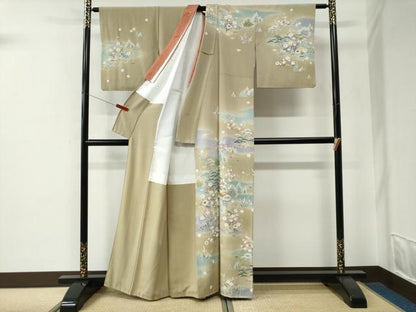 平和屋着物●訪問着　友禅　松竹梅風景花文　暈し染め　正絹　逸品　CABE2955yc