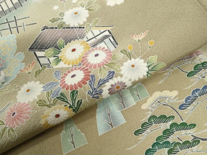 平和屋着物●訪問着　友禅　松竹梅風景花文　暈し染め　正絹　逸品　CABE2955yc