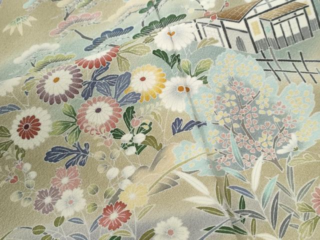 平和屋着物●訪問着　友禅　松竹梅風景花文　暈し染め　正絹　逸品　CABE2955yc