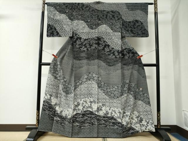 平和屋着物●訪問着　江戸小紋　作家物　立波花鳥唐草文　黒地　正絹　逸品　CABE2969yc