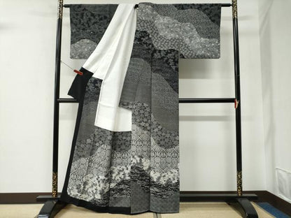 平和屋着物●訪問着　江戸小紋　作家物　立波花鳥唐草文　黒地　正絹　逸品　CABE2969yc