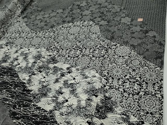 平和屋着物●訪問着　江戸小紋　作家物　立波花鳥唐草文　黒地　正絹　逸品　CABE2969yc