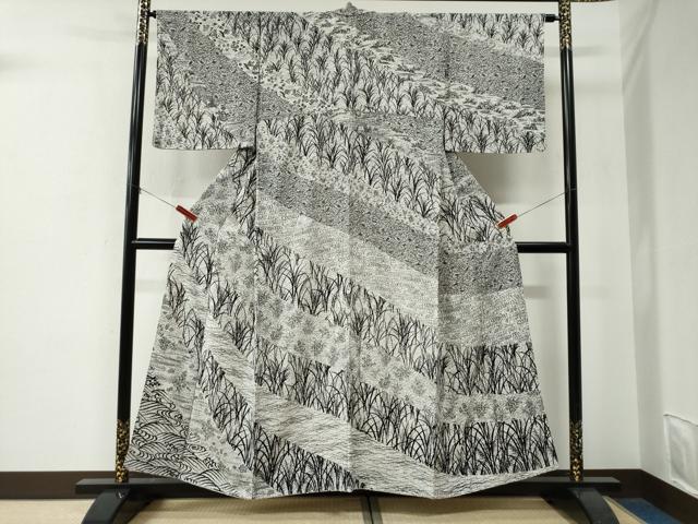 平和屋着物●訪問着　型染め　流水芝草花文　正絹　逸品　CABE2970yc