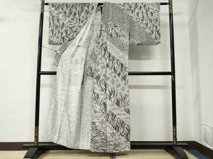 平和屋着物●訪問着　型染め　流水芝草花文　正絹　逸品　CABE2970yc