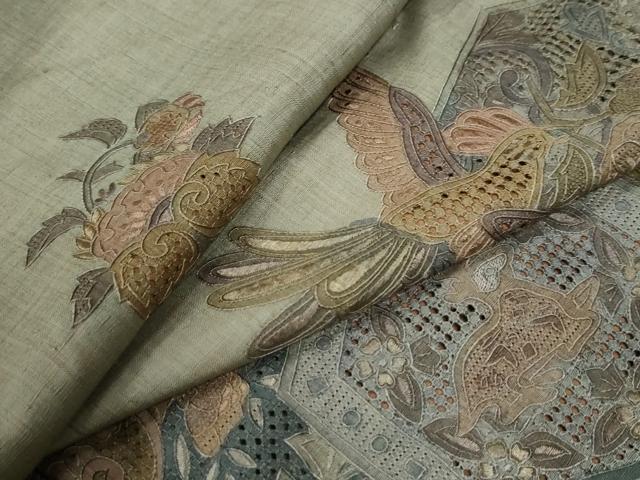 平和屋着物●中国三大刺繍　スワトウ刺繍　総刺繍　訪問着　紬地　鳳凰亀甲吉祥更紗花文　正絹　逸品　CABE2973yc