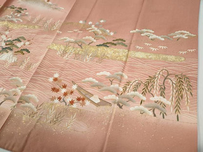 平和屋着物●訪問着　駒刺繍　霞枝垂れ柳松竹梅花文　暈し染め　金彩　正絹　逸品　CABE2977yc