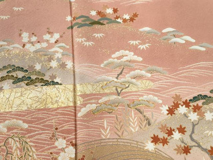 平和屋着物●訪問着　駒刺繍　霞枝垂れ柳松竹梅花文　暈し染め　金彩　正絹　逸品　CABE2977yc