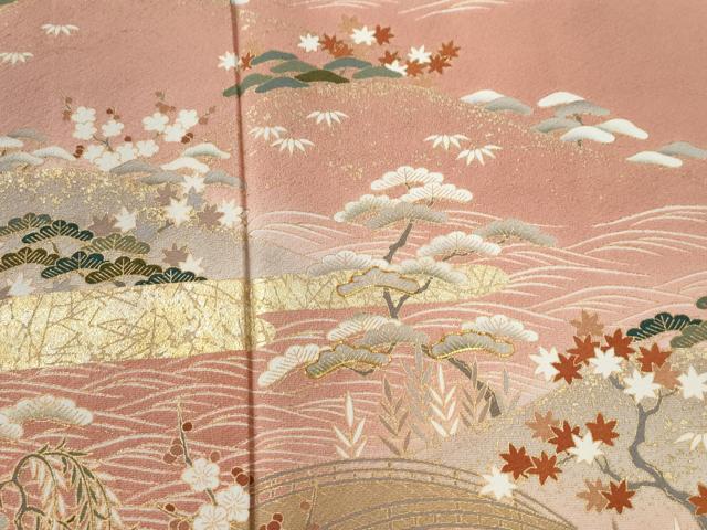 平和屋着物●訪問着　駒刺繍　霞枝垂れ柳松竹梅花文　暈し染め　金彩　正絹　逸品　CABE2977yc