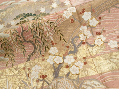 平和屋着物●訪問着　駒刺繍　霞枝垂れ柳松竹梅花文　暈し染め　金彩　正絹　逸品　CABE2977yc