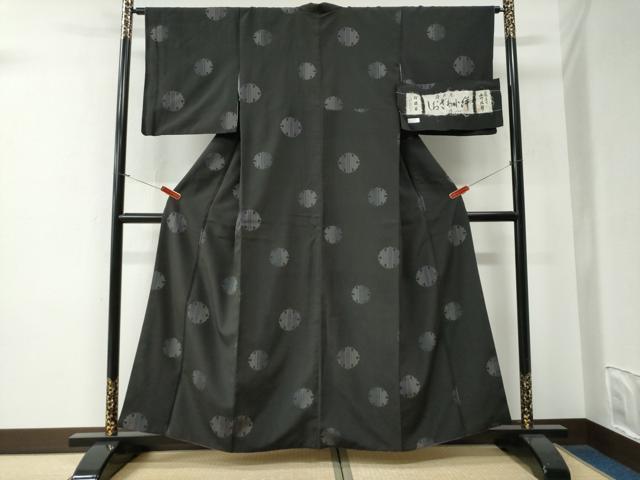 平和屋着物●伝統工芸士　西川洛郎　しおざわ小絣　粋渋庵　雪輪文　黒地　証紙付き　正絹　逸品　CABE2998yc