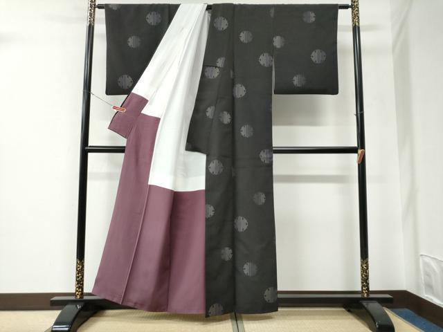 平和屋着物●伝統工芸士　西川洛郎　しおざわ小絣　粋渋庵　雪輪文　黒地　証紙付き　正絹　逸品　CABE2998yc