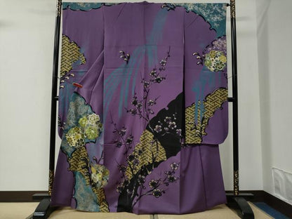 平和屋着物●世界的ファッションデザイナー　山本寛斎　kansaiブランド　振袖　刺繍　雪輪吉祥花文　金彩　正絹　逸品　CABE3009yc