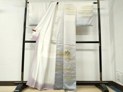 平和屋着物●人間国宝　福田喜三郎　訪問着　駒刺繍　霞扇面文　暈し染め　金彩　正絹　逸品　CABE3010yc
