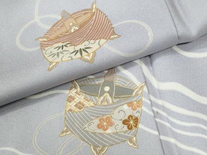 平和屋着物●訪問着　駒刺繍　駒羽二重　糸巻き吉祥花文　金彩　反端付き　正絹　逸品　CABE3027yc