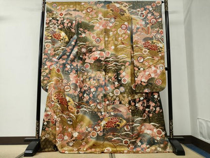 平和屋着物●豪華振袖　駒刺繍　鳳凰扇面牡丹吉祥花唐草文　暈し染め　金彩　正絹　逸品　CABE3045yc