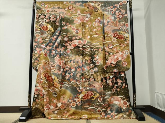 平和屋着物●豪華振袖　駒刺繍　鳳凰扇面牡丹吉祥花唐草文　暈し染め　金彩　正絹　逸品　CABE3045yc