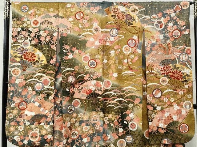 平和屋着物●豪華振袖　駒刺繍　鳳凰扇面牡丹吉祥花唐草文　暈し染め　金彩　正絹　逸品　CABE3045yc