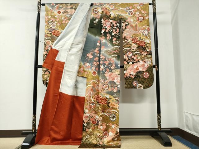 平和屋着物●豪華振袖　駒刺繍　鳳凰扇面牡丹吉祥花唐草文　暈し染め　金彩　正絹　逸品　CABE3045yc