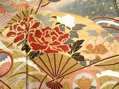平和屋着物●豪華振袖　駒刺繍　鳳凰扇面牡丹吉祥花唐草文　暈し染め　金彩　正絹　逸品　CABE3045yc