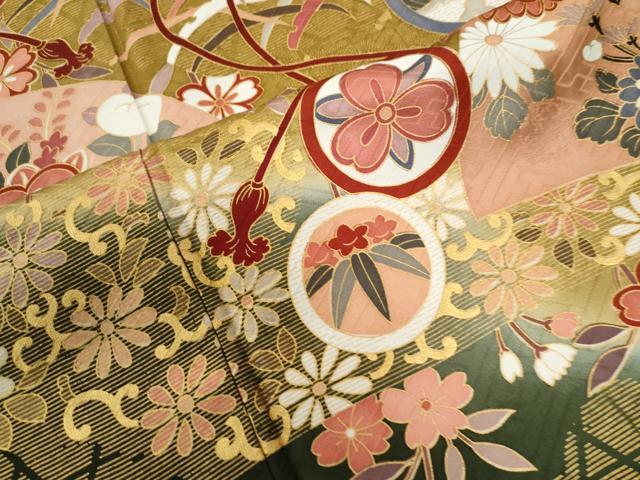 平和屋着物●豪華振袖　駒刺繍　鳳凰扇面牡丹吉祥花唐草文　暈し染め　金彩　正絹　逸品　CABE3045yc