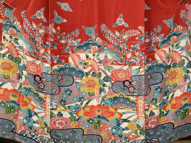 平和屋着物●豪華振袖　型染め　霞吉祥花松文　鬼しぼ縮緬　正絹　逸品　CABE3059yc