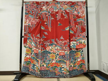 平和屋着物●豪華振袖　型染め　霞吉祥花松文　鬼しぼ縮緬　正絹　逸品　CABE3059yc