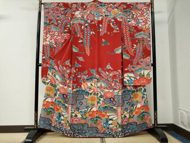 平和屋着物●豪華振袖　型染め　霞吉祥花松文　鬼しぼ縮緬　正絹　逸品　CABE3059yc