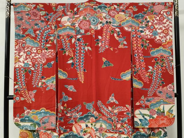 平和屋着物●豪華振袖　型染め　霞吉祥花松文　鬼しぼ縮緬　正絹　逸品　CABE3059yc