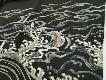 平和屋着物●豪華黒留袖　手描き　刺繍　龍　立波　金彩　正絹　逸品　CABE3060yc