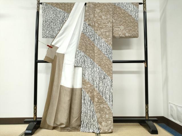 平和屋着物●伝統工芸士　水谷滉　訪問着　型染め　斜線草花文　正絹　逸品　CABE3062yc