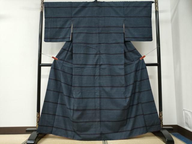 平和屋着物●結城紬　100亀甲　横縞　正絹　逸品　CABE3066yc