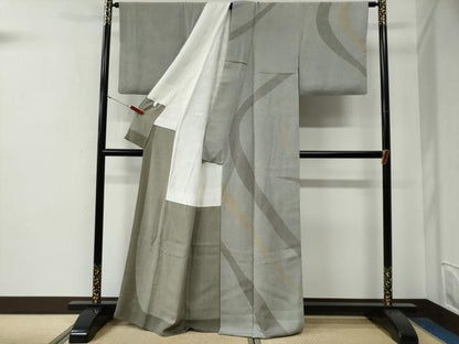 平和屋着物●東京染伝統工芸士　金田昇　訪問着　江戸小紋　万筋　鳩羽鼠色×灰黄緑色　よろけ縞　正絹　逸品　CABE3070yc