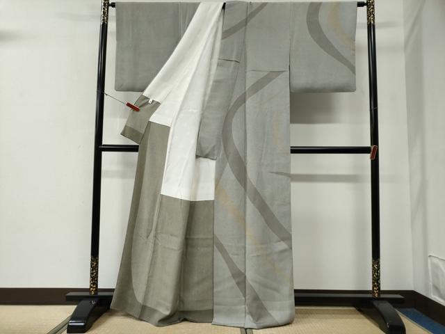 平和屋着物●東京染伝統工芸士　金田昇　訪問着　江戸小紋　万筋　鳩羽鼠色×灰黄緑色　よろけ縞　正絹　逸品　CABE3070yc