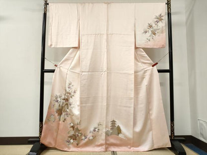 平和屋着物●訪問着　御所車飛鶴風景花文　暈し染め　金銀彩　正絹　逸品　CABE3084yc