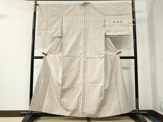 平和屋着物●紅花紬　米沢　新田秀次　紅彩縞　反端付き　正絹　逸品　未使用　CABE3144yc