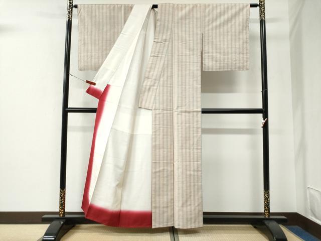平和屋着物●紅花紬　米沢　新田秀次　紅彩縞　反端付き　正絹　逸品　未使用　CABE3144yc
