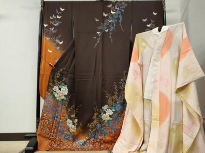 平和屋着物●豪華振袖・長襦袢セット　駒刺繍　草花文　ラメ糸　暈し染め　金彩　正絹　逸品　CABE3145yc