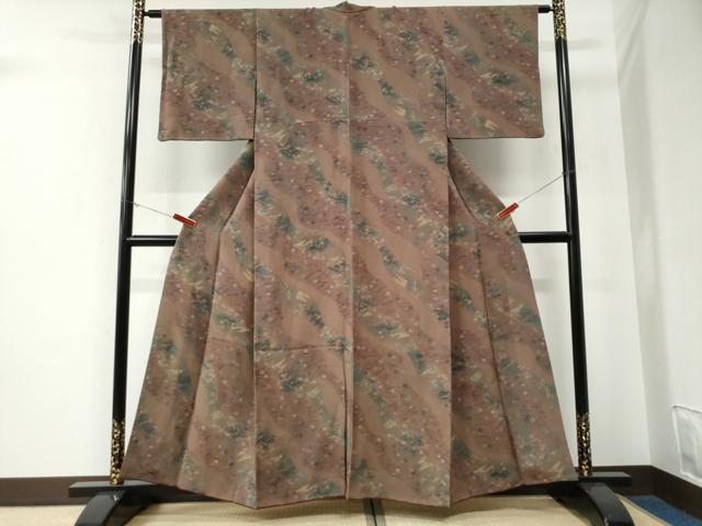 平和屋着物●人間国宝・南部芳松の息子 伝統工芸伝承者彫刻・南部幸雄 型染 小紋 道長舟花文 鬼しぼ縮緬 そごう扱い 正絹 逸品 CABE3147yc
