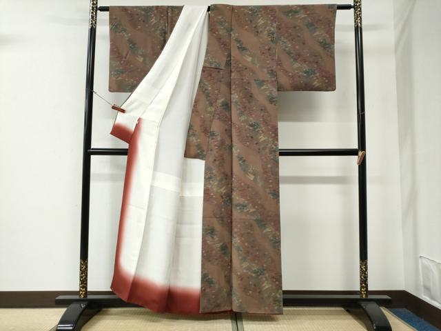 平和屋着物●人間国宝・南部芳松の息子 伝統工芸伝承者彫刻・南部幸雄 型染 小紋 道長舟花文 鬼しぼ縮緬 そごう扱い 正絹 逸品 CABE3147yc