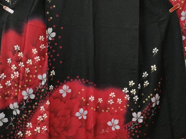平和屋着物●豪華振袖　牡丹舞花文　ラメ糸　黒地　銀通し地　正絹　逸品　CABE3152yc
