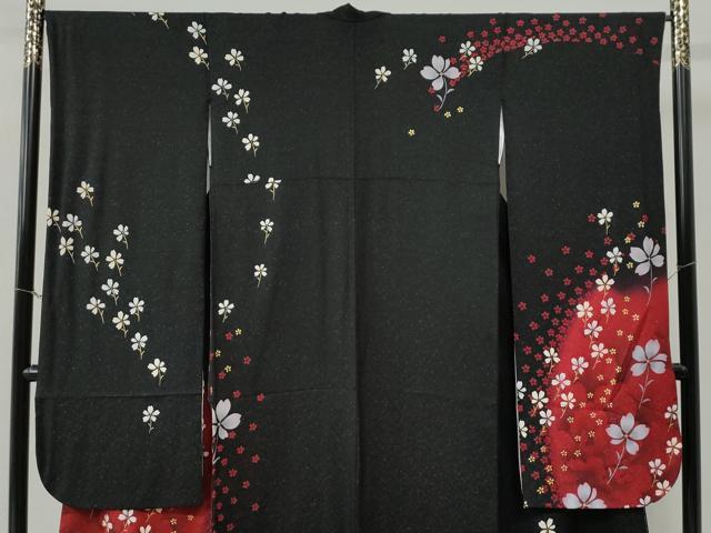 平和屋着物●豪華振袖　牡丹舞花文　ラメ糸　黒地　銀通し地　正絹　逸品　CABE3152yc