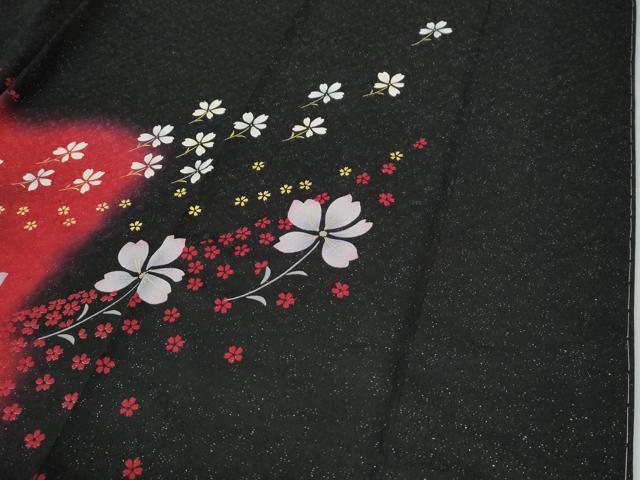 平和屋着物●豪華振袖　牡丹舞花文　ラメ糸　黒地　銀通し地　正絹　逸品　CABE3152yc